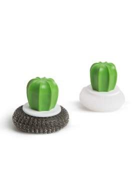 Set burete de spalat vase din fibre de otel/plastic - 2 buc. - model cactus - 8.5 x 8 cm