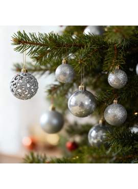 Set de ornamente pentru brad – 100 de globuri + vârf stea – argintiu