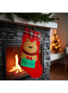 Șosetă decorativă pentru animale – model pisică – roșu/negru – 42 x 24 cm