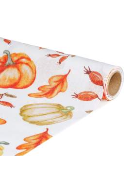 Traversă de masă decorativă – 180 x 28 cm – 70% poliester, 30% bumbac – model dovleac și frunze