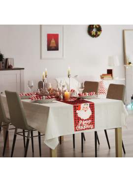Traversă decorativă de masă – model Moș și inscripție „Merry Christmas” – 183 x 33 cm – roșu/negru – poliester