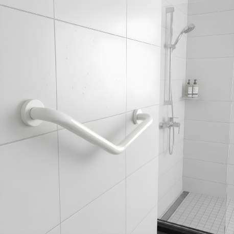 Bară de sprijin baie unghi 45° – oțel inoxidabil – alb – 25 + 25 cm – capacitate 200 kg