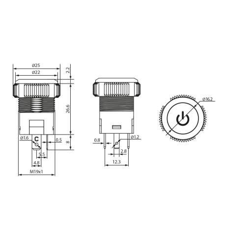 Buton de comandă 12V ND, Roşu