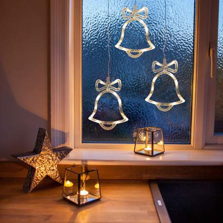 Decor ferestre cu LED - clopoței - 21 x 16 cm - alb cald - 3 x AAA