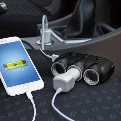 Distribuitor triplu pt. brichetă + 2x USB - negru