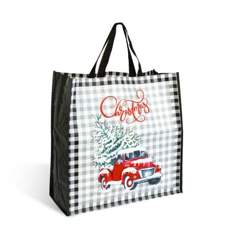 Geantă cadou decorativă – model negru cu camion roșu – 45 x 44 x 19 cm