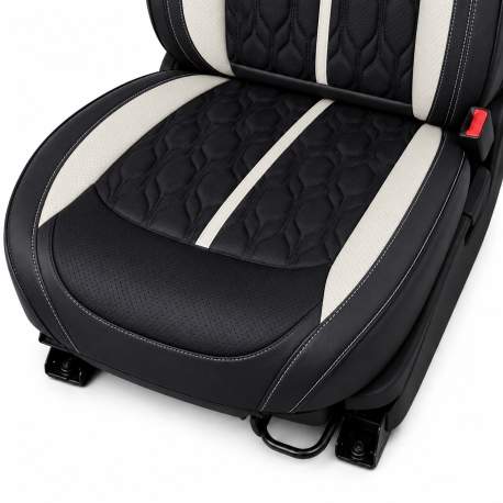 Huse auto premium 5 locuri Carguard Deluxe piele ecologică perforată - negru - alb