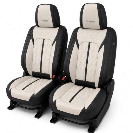 Huse auto premium 5 locuri Carguard Deluxe piele ecologică perforată - negru - crem