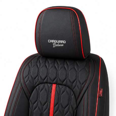 Huse auto premium 5 locuri Carguard Deluxe piele ecologică perforată - negru - rosu