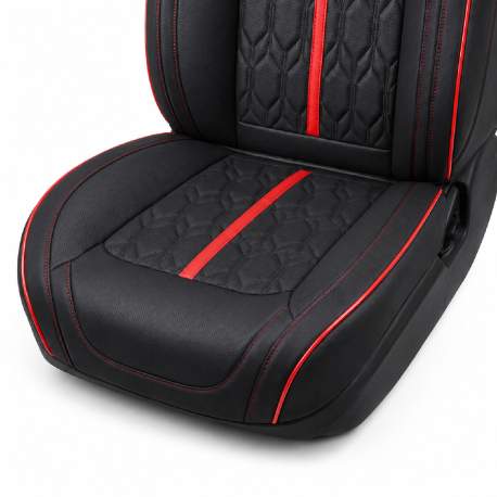Huse auto premium 5 locuri Carguard Deluxe piele ecologică perforată - negru - rosu