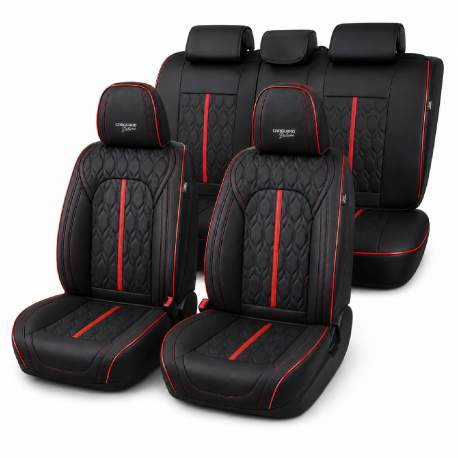 Huse auto premium 5 locuri Carguard Deluxe piele ecologică perforată - negru - rosu