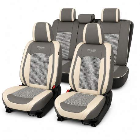 Huse auto premium 5 locuri Carguard Deluxe piele ecologică perforată și textil  - gri deschis - gri inchis