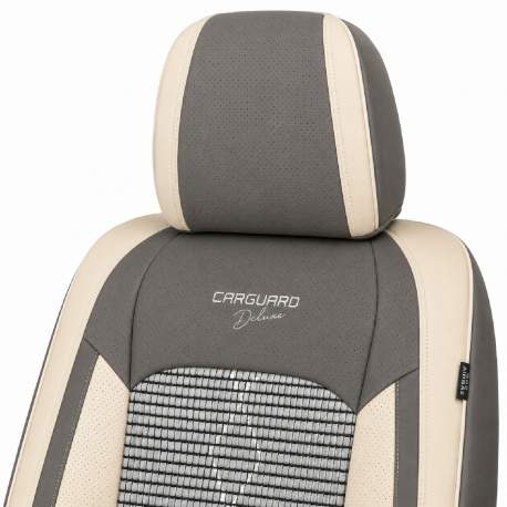 Huse auto premium 5 locuri Carguard Deluxe piele ecologică perforată și textil  - gri deschis - gri inchis