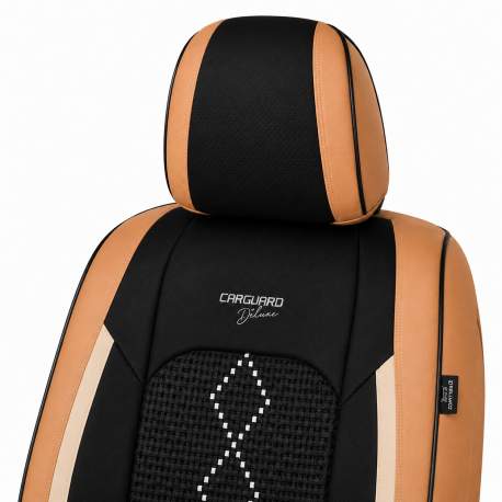 Huse auto premium 5 locuri Carguard Deluxe piele ecologică perforată și textil - maro caramel