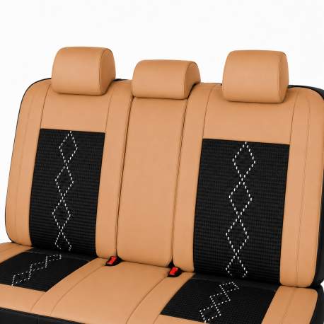 Huse auto premium 5 locuri Carguard Deluxe piele ecologică perforată și textil - maro caramel