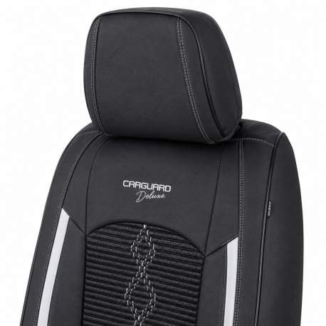 Huse auto premium 5 locuri Carguard Deluxe piele ecologică perforată și textil - negru - alb
