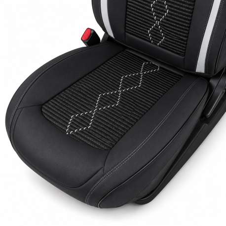 Huse auto premium 5 locuri Carguard Deluxe piele ecologică perforată și textil - negru - alb