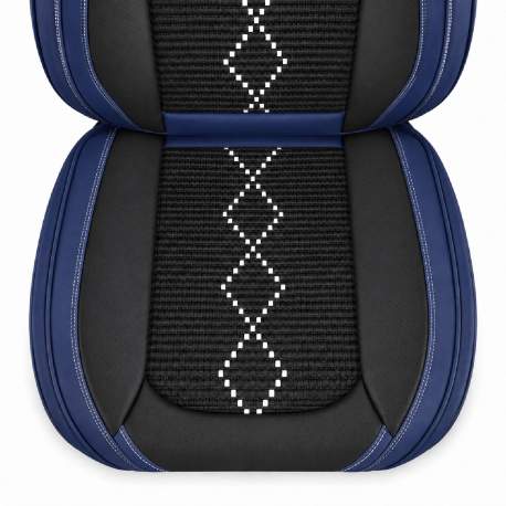 Huse auto premium 5 locuri Carguard Deluxe piele ecologică perforată și textil - negru - albastru închis