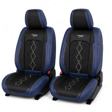 Huse auto premium 5 locuri Carguard Deluxe piele ecologică perforată și textil - negru - albastru închis