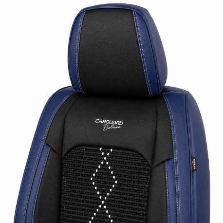 Huse auto premium 5 locuri Carguard Deluxe piele ecologică perforată și textil - negru - albastru închis
