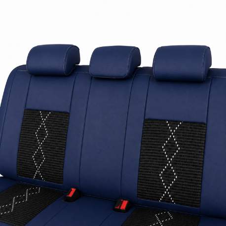 Huse auto premium 5 locuri Carguard Deluxe piele ecologică perforată și textil - negru - albastru închis