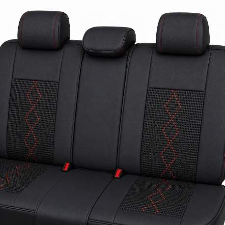 Huse auto premium 5 locuri Carguard Deluxe piele ecologică perforată și textil - negru - rosu închis