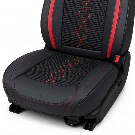 Huse auto premium 5 locuri Carguard Deluxe piele ecologică perforată și textil - negru - rosu închis