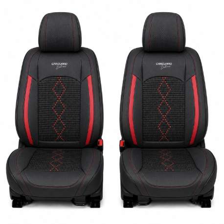 Huse auto premium 5 locuri Carguard Deluxe piele ecologică perforată și textil - negru - rosu închis