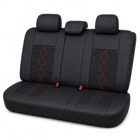 Huse auto premium 5 locuri Carguard Deluxe piele ecologică perforată și textil - negru - rosu închis