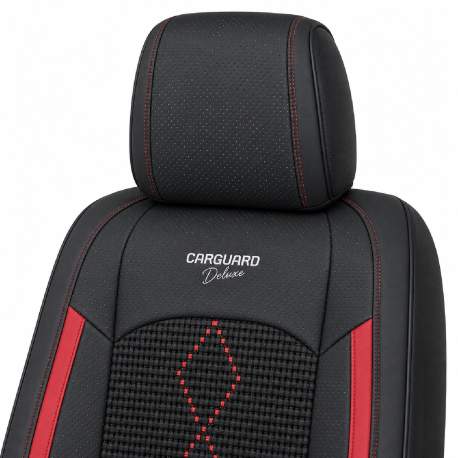 Huse auto premium 5 locuri Carguard Deluxe piele ecologică perforată și textil - negru - rosu închis