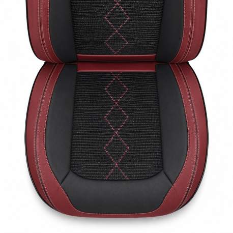 Huse auto premium 5 locuri Carguard Deluxe piele ecologică perforată și textil - roșu închis - negru