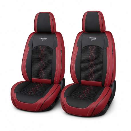 Huse auto premium 5 locuri Carguard Deluxe piele ecologică perforată și textil - roșu închis - negru