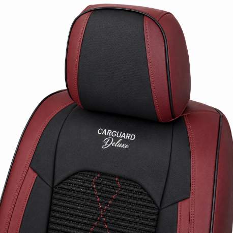 Huse auto premium 5 locuri Carguard Deluxe piele ecologică perforată și textil - roșu închis - negru