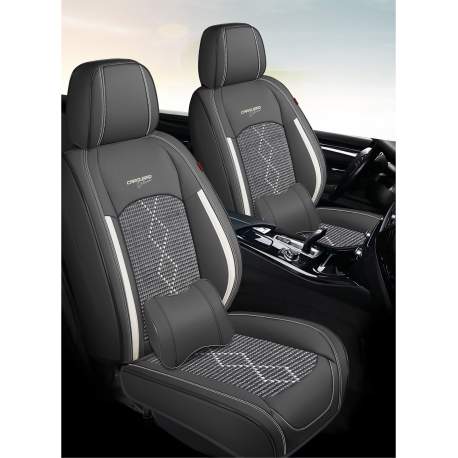 Huse auto premium 5 locuri Carguard Deluxe piele ecologică perforată și textil - negru - alb