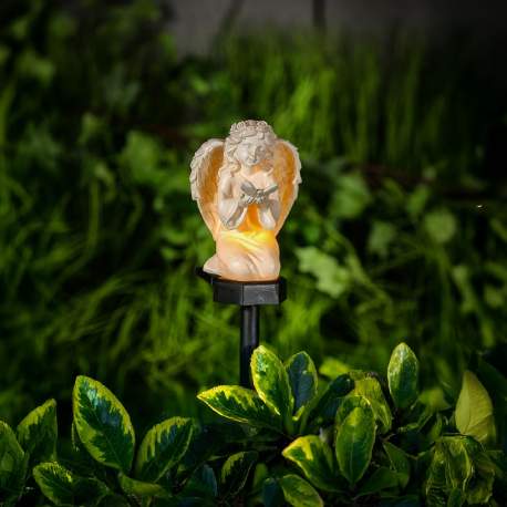 Îngeraș solar cu fluture – lumină LED alb cald – rășină – 42 × 11 × 6,5 cm