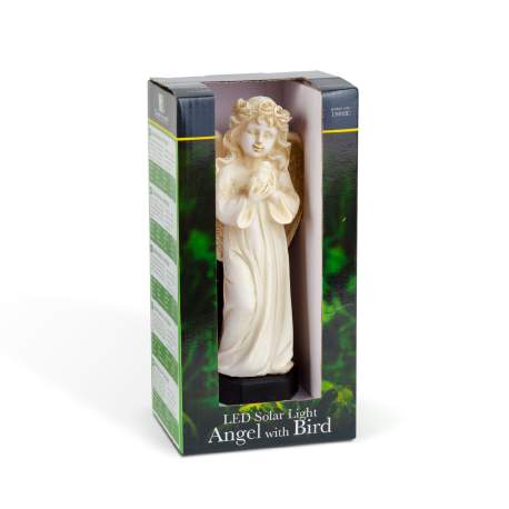Îngeraș solar decorativ cu pasăre – lumină LED alb cald – rășină – 48 × 11 × 6.5 cm