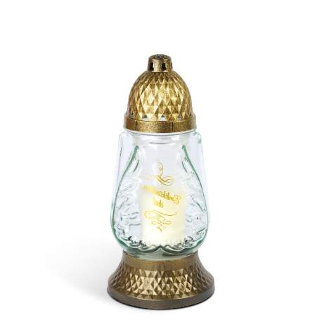 Lumânare din sticlă cu capac din plastic „Emlékünkben élsz” – alb, capac auriu antichizat – 24 cm