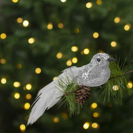 Ornament de Crăciun - pasăre cu sclipici - cu clemă - argintie - 2 buc/pachet
