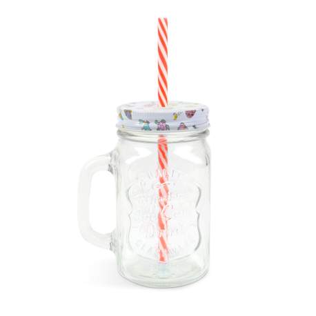 Pahar din sticla - tip halba, cu capac si pai, 450 ml, doua modele