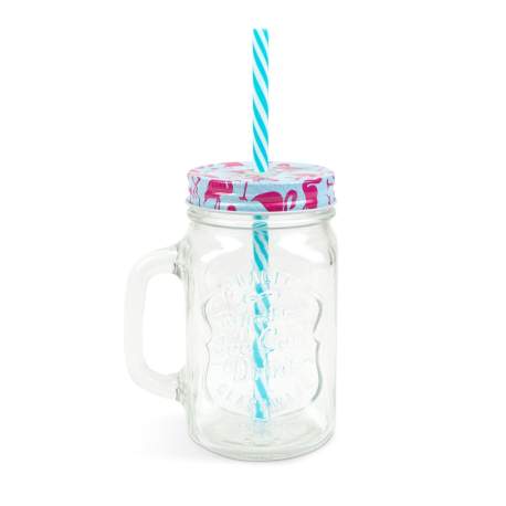 Pahar din sticla - tip halba, cu capac si pai, 450 ml, doua modele