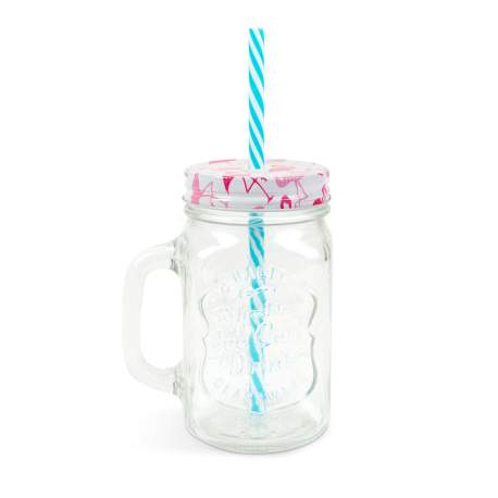 Pahar din sticla - tip halba, cu capac si pai, 450 ml, doua modele