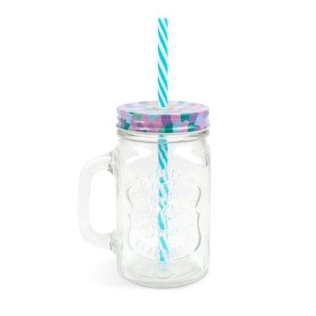 Pahar din sticla - tip halba, cu capac si pai, 450 ml, doua modele