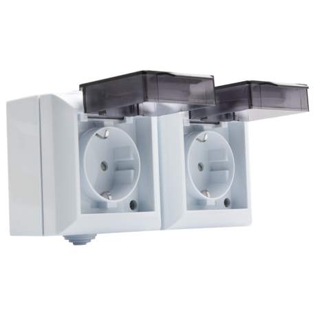 Priza dubla, cu capac, cu protectie si siguranta copii, montaj aparent, pt. exterior IP54 230V~ 50Hz 16A