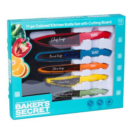 Set 5 cuțite de bucătărie colorate cu placă de tăiat Baker's Secret