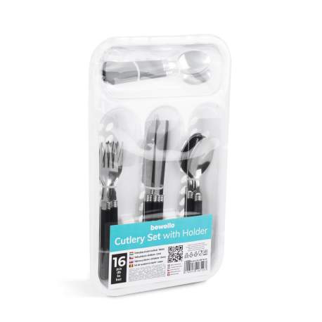 Set tacâmuri cu suport - negru - 16 bucăți - 32,7 x 19,5 x 4,7 cm