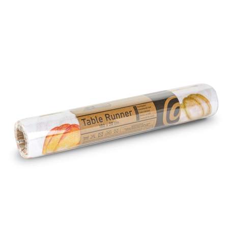 Traversă de masă decorativă – 180 x 28 cm – 70% poliester, 30% bumbac – model dovleac și frunze
