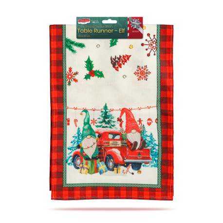 Traversă decorativă de masă – model spiriduș – 183 x 33 cm – roșu/negru – poliester